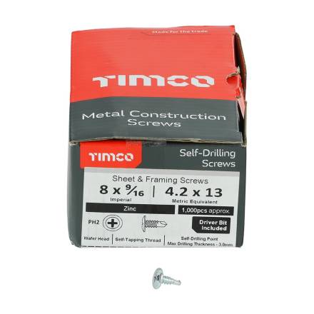 TIMCO Metal Construction Self-Drilling Wafer Head Screw BZP 4.2 x 13mm (Box of 1000)