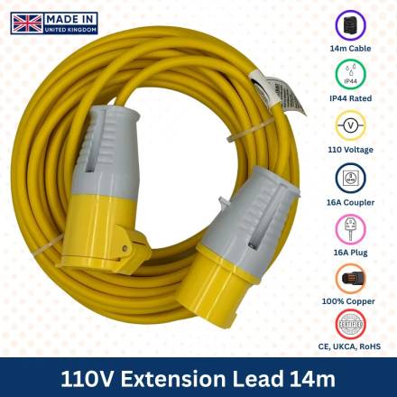 Connexion 110V Extension Lead 14m 1.5mm2 16A IP44 Yellow