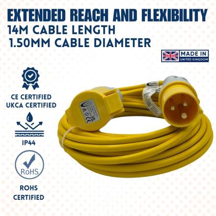 Connexion 110V Extension Lead 14m 1.5mm2 16A IP44 Yellow
