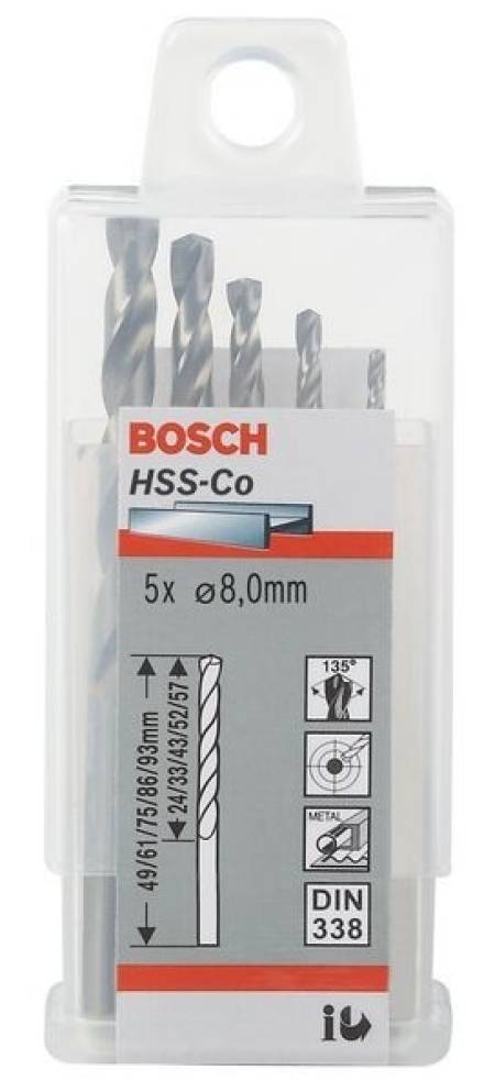 Bosch HSS-Co Metal Drill Bits 8mm DIN 338 - Pack of 5