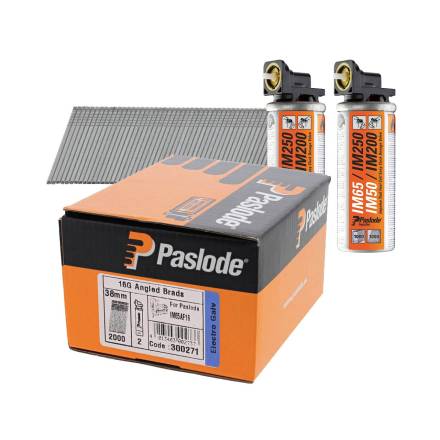 Paslode 300271 F16 1.6mm x 38mm Electro-Galvanised Angled Brad Nails - 2000 Pack and 2 Fuel Cells