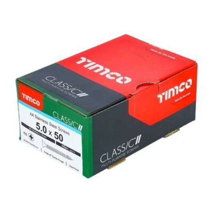 TIMCO Classic Multi-Purpose Screw 5.0 x 50mm A2 Stainless Steel Double Countersunk PZ2 (Box of 200)