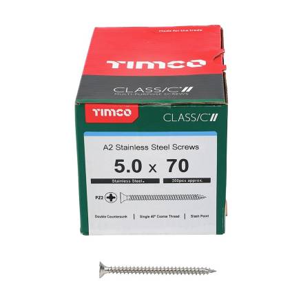 TIMCO Classic Multi-Purpose Screw PZ2 Double Countersunk A2 Stainless Steel 5.0 x 70mm (Box of 200)