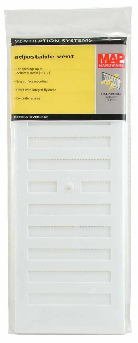 Select Hardware MAP 903-02 White Adjustable Plastic Vent with Flyscreen 9" x 3"