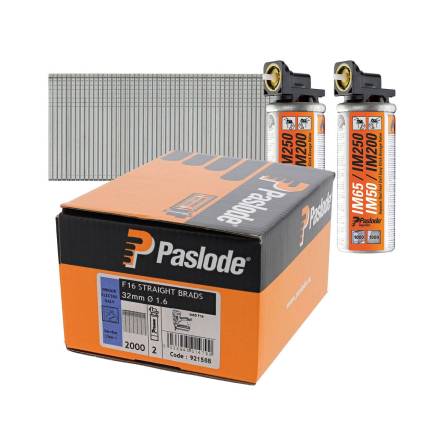 Paslode 921588 F16 x 32mm Galvanised Brad Nails (2000 Pack and 2 Fuel Cells)