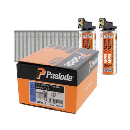 Paslode 921589 F16 1.6mm x 38mm Galvanised Straight Brad Nails (2000 Pack and 2 Fuel Cells)