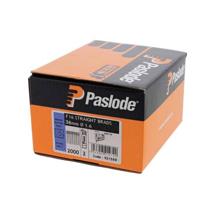 Paslode 921589 F16 1.6mm x 38mm Galvanised Straight Brad Nails (2000 Pack and 2 Fuel Cells)