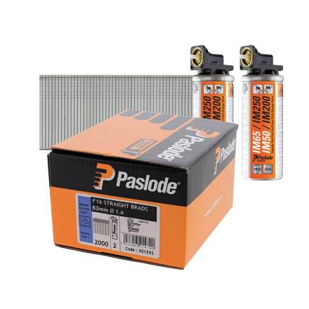 Paslode F16 Straight Electrogalvanised Brad Nails 1.6mm x 63mm (2000 Pack and 2 Fuel Cells)
