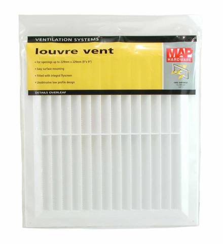 MAP White Plastic Louvre Vent with Fixed Flyscreen 9" x 9" (229 x 229mm)