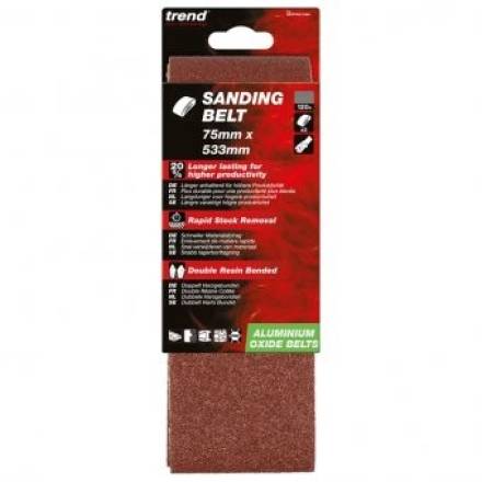 Trend Aluminium Oxide Sanding Belt 120 Grit 75mm x 533mm Pack of 3