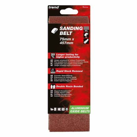 Trend Aluminium Oxide Sanding Belt 60 Grit 75mm x 457mm - Pack of 3