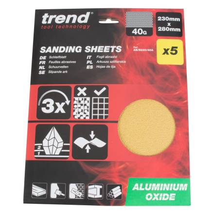 Trend Aluminium Oxide Sanding Sheets 230 x 280mm 40 Grit Pack of 5