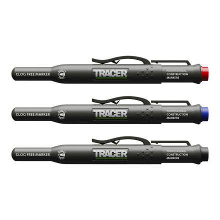 Tracer Clog Free Construction Marker Kit - 3pc Set (Black, Blue, Red) with Site Holsters