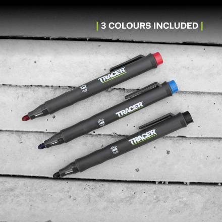 Tracer Clog Free Construction Marker Kit - 3pc Set (Black, Blue, Red) with Site Holsters