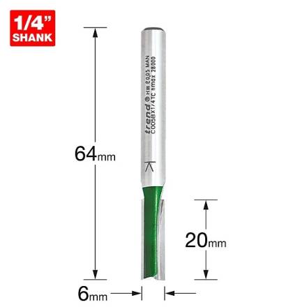 Trend CraftPro Two Flute Straight Router Cutter 6mm Diameter x 20mm Cut 1/4" Shank