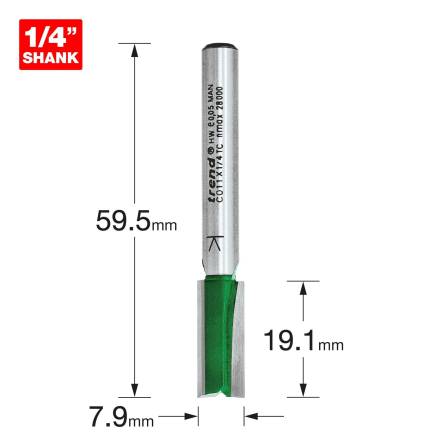 Trend CraftPro Two Flute Straight Router Cutter 7.9mm Diameter x 19.1mm Cut 1/4in Shank