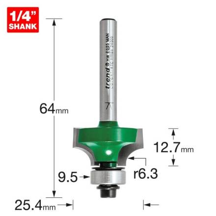 Trend CraftPro C076X1/4TC Bearing-Guided Rounding Over Router Cutter 6.3mm Radius x 12.7mm Cut 1/4" Shank