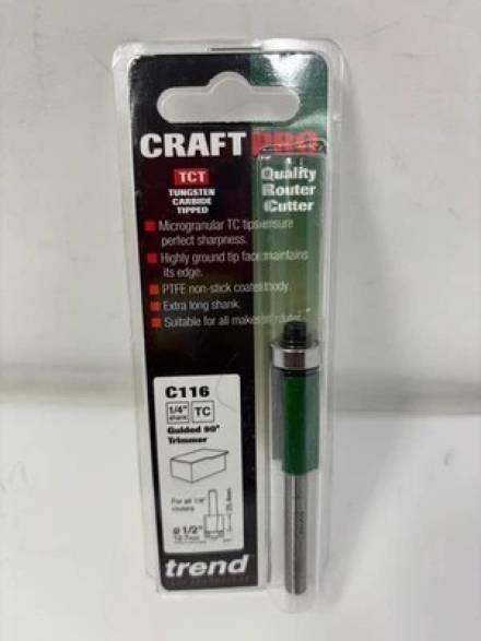 Trend CraftPro Self-Guided Trimmer Router Cutter 12.7mm Dia 1/4in Shank