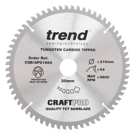 Trend CSB/AP21664 Aluminium and Plastic Circular Saw Blade 216mm x 30mm x 64T
