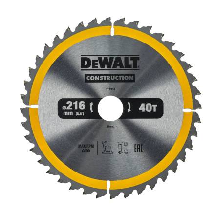 DeWalt DT1953-QZ Construction Circular Saw Blade 216mm x 30mm 40T