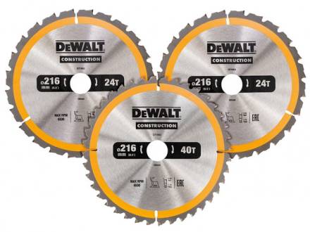 DeWalt DT1962-QZ Construction Circular Saw Blade 216mm x 30mm 3-Pack (2x24T, 1x40T)
