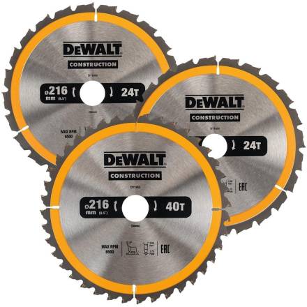DeWalt DT1962-QZ Construction Circular Saw Blade 216mm x 30mm 3-Pack (2x24T, 1x40T)