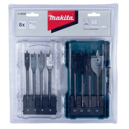 Makita E-08698 8-Piece Flat Bit Set 150mm, 12-32mm, 1/4" Hex Shank