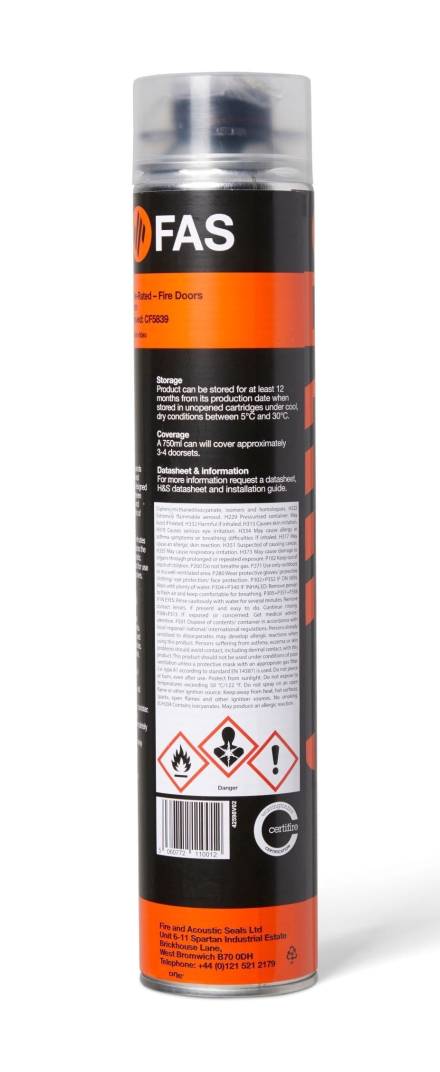 FAS Fire Door Foam 750ml Gun Grade - 60 Minute Fire Rated PU Expanding Foam