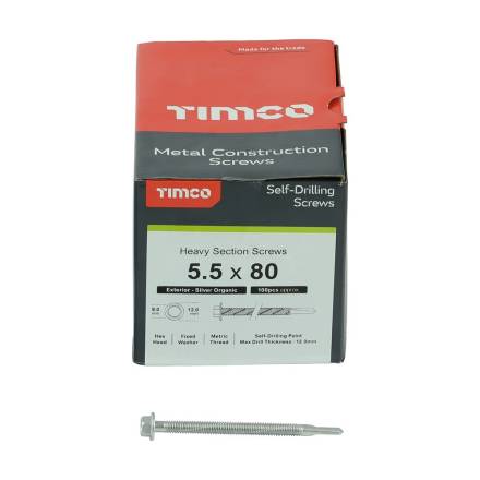 TIMCO Metal Construction Heavy Section Tek Screws - Hex Self-Drilling Exterior Silver Organic 5.5 x 80mm (Box 100)