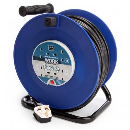 Masterplug Heavy-Duty Open Cable Reel 240V 13A 4-Socket Thermal Cut-Out 50m Blue