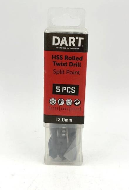 Dart 12mm High Speed Steel Rolled Twist Drill Bits - Pack of 5