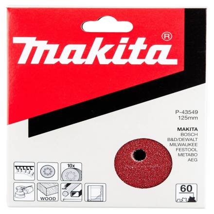 Makita P-43549 125mm Velcro Abrasive Sanding Discs 60 Grit (Pack of 10)