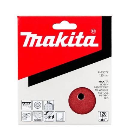 Makita P-43577 125mm Hook and Loop Abrasive Sanding Discs 120G Pack of 10