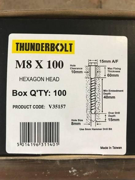 Thunderbolt All-Purpose Anchor Hex Head Zinc Yellow Passivated M8 x 100mm