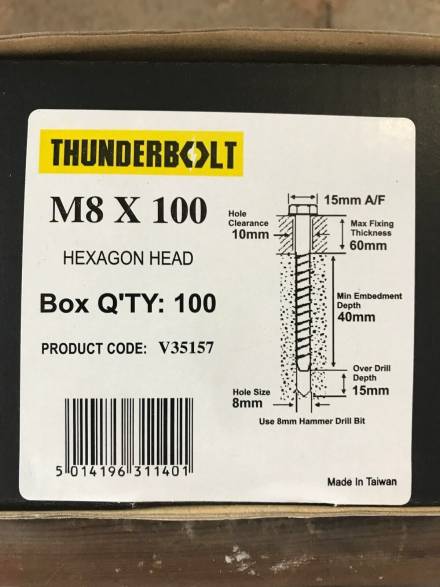 Thunderbolt All-Purpose Anchor Hex Head Zinc Yellow Passivated M8 x 100mm