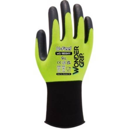 WonderGrip WG-1855HY U-Feel Single Nitrile-Coated General Handling Gloves - Hi-Vis Yellow, Size Medium (8)